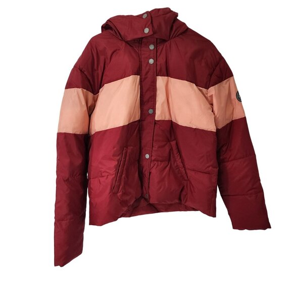 Roxy Womens Color-Block Puffer Jacket XL Red & Pink Hooded Winter Coat - Picture 1 of 16